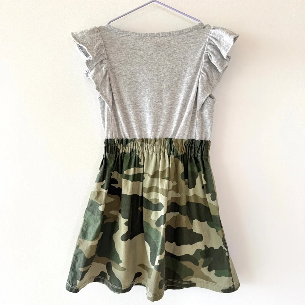 J.Crew Crewcuts Gray Ruffle Top Green Camo Skirt Dress Girls 4 Mixed Media